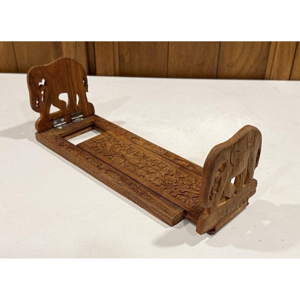 Vintage Hand Carved Wooden Expandable Elephant Floral Bookends Book Stand India